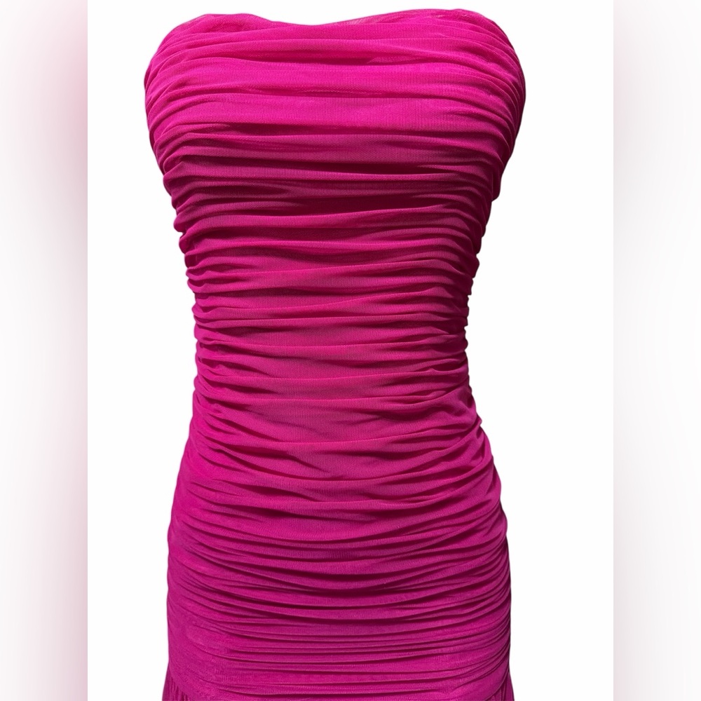 NWT Xscape Evenings Sz 8 Hot Pink Ruched Strapless Maxi Gown Dress Formal $288 - Picture 5 of 8